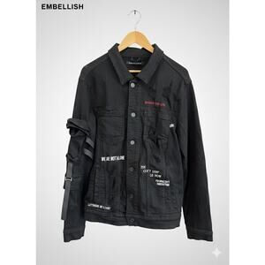 Embellish Women’s Black Stretch Denim Embroidered Pockets Vest Coat Jacket Large